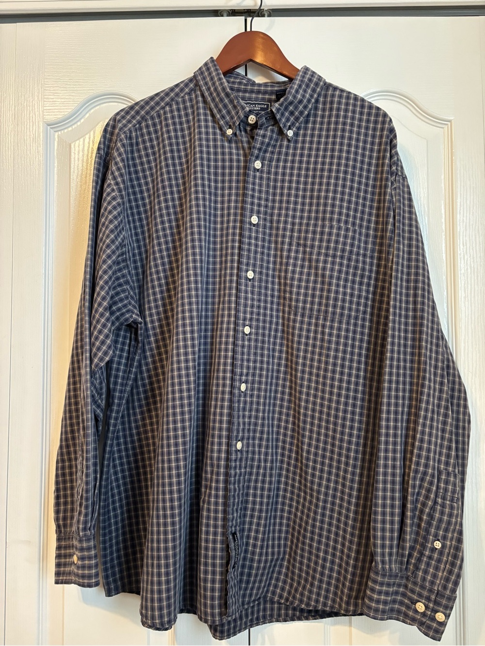 American Eagle Outfitters Navy and White Checked Button-Down Shirt